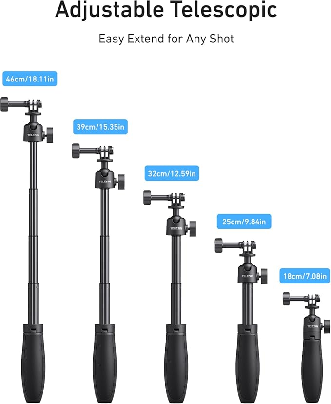 TELESIN 18.1'' Mini Selfie Stick Tripod for DJI OSMO Nano Action 6 5 4, GoPro Hero 13 12,Insta360 X5 X4 Ace Pro Camera Accessories, 360°Adjustable Monopod,Vlog Extended Handle Grip,Magnetic Base Stand