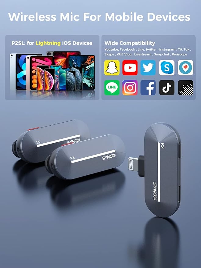 SYNCO P2L Wireless Lavalier Microphone for iPhone, Dual Mic Noise Reduction, Charging Case, Plug Play, 2.4GHz, 45mins Shooting Time