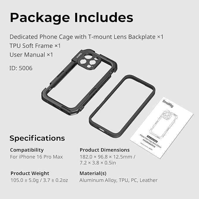 SMALLRIG Mobile Video Cage Basic Edition for iPhone 16 Pro Max with T-Mount Lens Backplate, TPU Soft Frame, for Video Shooting, Live Streaming, and Cinematic Filmmaking - 5006