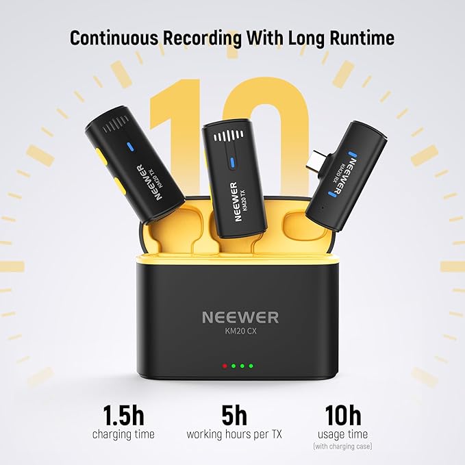 NEEWER Wireless Lavalier Microphone System for iPhone, Mini Clip on Lapel Mic Set with 2 USB C Transmitters/4 Receivers/OTG Adapter Compatible with iPhone Android Phone Computer Tablet, Black, KM20