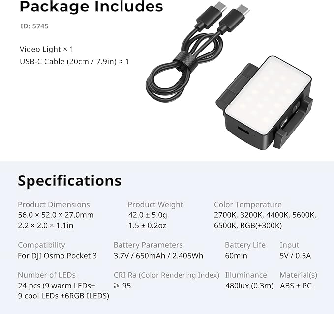 SmallRig RGBWW LED Video Light for DJI Osmo Pocket 3, Video Light with 650mAh Battery, CCT & RGB Mode 2700K-6500K, 360° Adjustments, for Selfie Vlog Recording, Content Creators Photographer - 5745