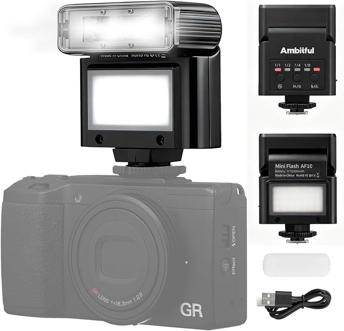 Ambitful AF10 Mini Camera Flash, Rechargeable Manual Speedlite with 90° Tilt Head, LED Continuous Light, USB-C Charging, Single-Contact Hot Shoe Flash for Sony Canon Nikon Fuji Ricoh Cameras