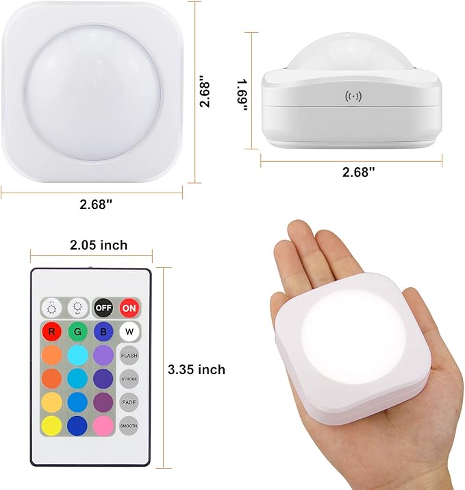 LUXSWAY Battery LED Color Lights, Puck Lights with 2 Remote,Tap Closet Lights, 16 Color Chaning RGB Light Stick to Wall, Under Shelf Lighting -4 Pack