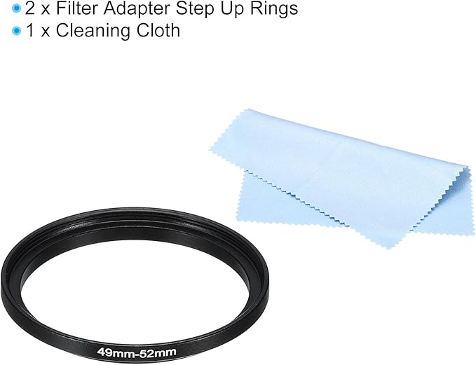 PATIKIL 49mm-52mm Metal Step Up Ring with Cleaning Cloth, 2 Pack Camera Lens Filter Adapter Ring Aluminum Filter Adapter Ring for Camera Lenses Hood, Black