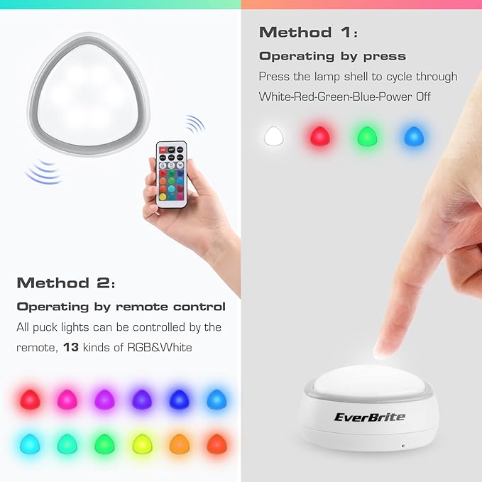 EverBrite Tap Light, LED Puck Lights, Wireless Push Lights, Remote Controlled Closet Lights with 12 RGB Colors, Perfect for Under Cabinet, Closets, Pantry, with 18 AAA Batteries, 6-Pack