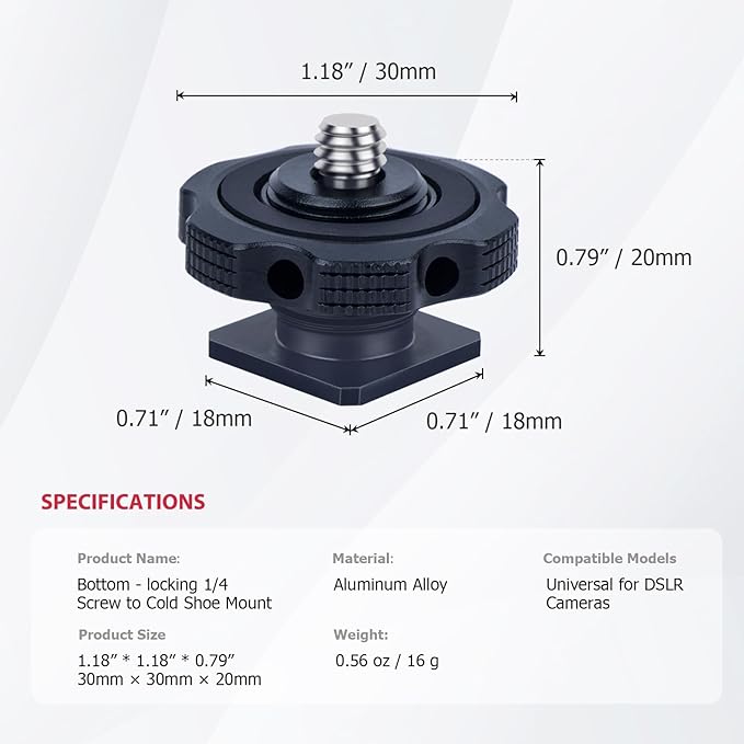 Cold Shoe Adapter with Dual 1/4 & 3/8 Screw Mount – Aluminum Alloy Camera Mount for Tripod, Microphone, LED Light, DSLR – Anti-Scratch Quick Release (62049)