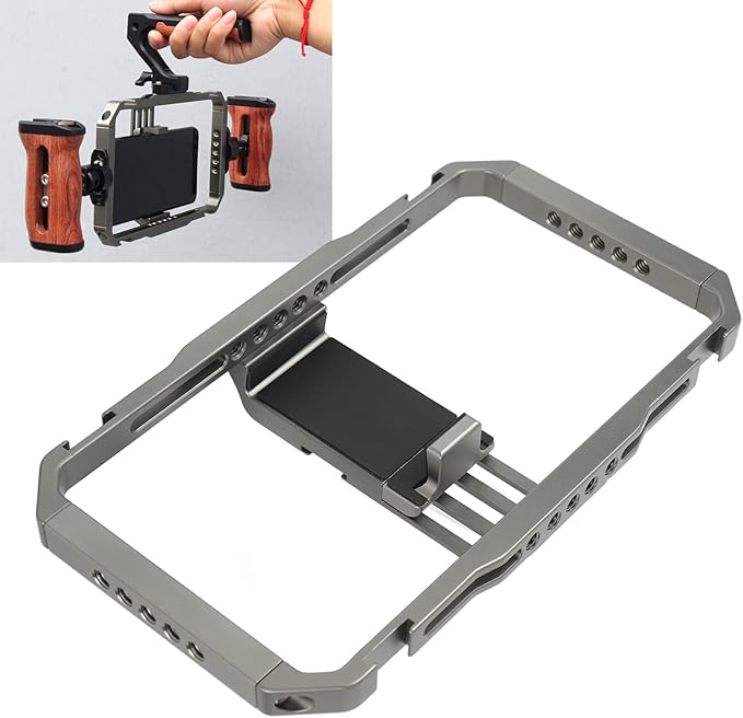 Smartphone Video Rig Camera Cage, Handheld Phone Video Stabilizer with Dual Handles, Aluminum Alloy Vlogging Cage with Cold Shoe and 1/4" Mounts for Phones 2.5-3.4in