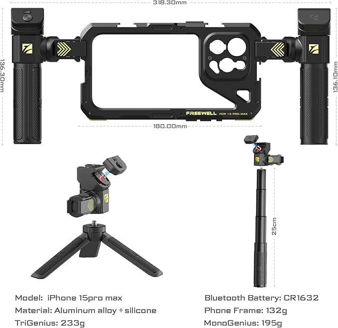 Freewell Genius Rig Cage for iPhone 15 Pro Max - Tool-Free Installation, Multifunctional Tripod & Monopod Handles, Bluetooth Remote