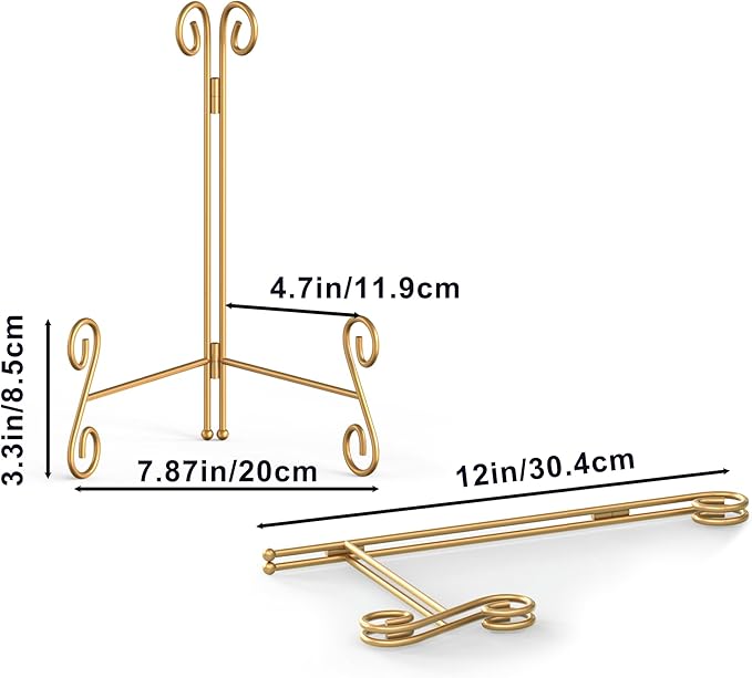 Gold Plate Stand, 12 Inch Decorative Holder for Displaying Platters, Heavy-Duty Metal Easel Stand for Picture, Photo Frame, Books and Round Objects