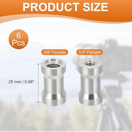 PATIKIL Camera Spigot Screws Converter 1/4" to 3/8" Female to Female, 6 Pack Tripod Screw Adapter Spigot Stud for Light Stand Hot Shoe Cold Shoe Adapter Ball Head Flash, Silver