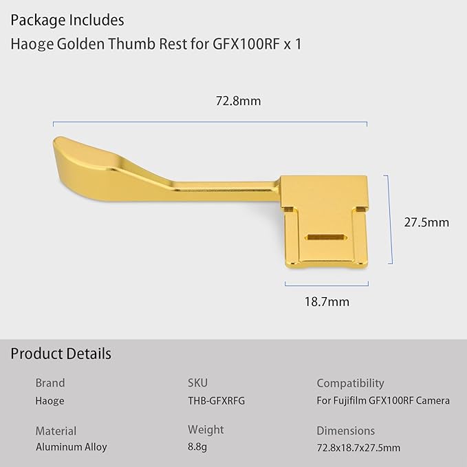 Haoge Metal Thumb Up Grip for Fujifilm GFX100RF Camera Digital Accessories GFX 100RF Hot Shoe Thumb Up Rest Support Handgrip Golden THB-GFXRFG