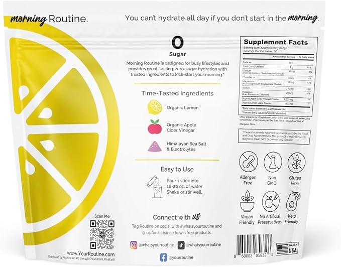 ROUTINE Morning Daily Hydration | Electrolyte Powder Packets with Apple Cider Vinegar, Lemon, and Sea Salt | Keto & Paleo-Friendly Electrolyte Drink Mix (60 Pack)