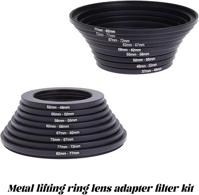 18Pcs Filter Ring Adapter Set, 37-82mm (Includes 9pcs Step Up Ring Set + 9pcs Step Down Ring Set) for Lens Filters, Lens Hoods, and Lens Converters