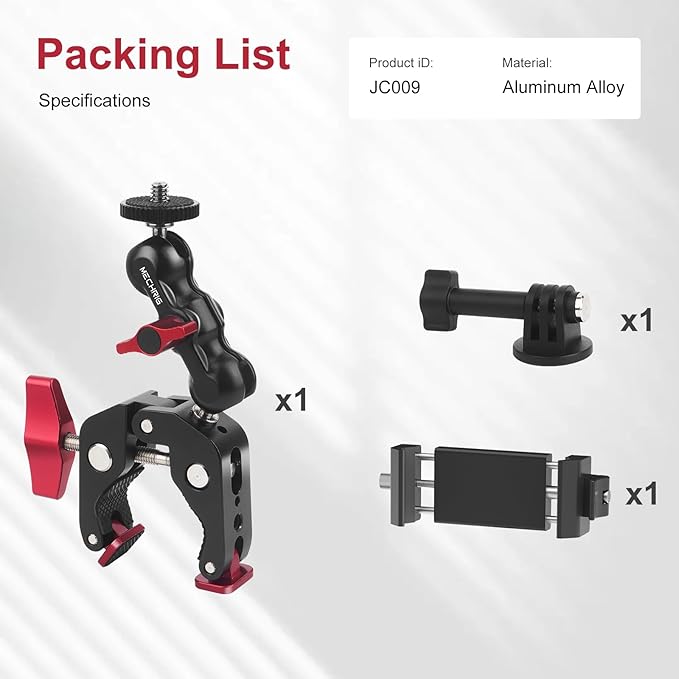 Camera Mount Clamp, Super Clamp with Dual Ballhead Magic Arm for/Phone Holder/Tripod Mount Adapter - 1/4" & 3/8" Holes,360°Adjustable for G0pro,Phone, Microphone,Monitor and Light JC009