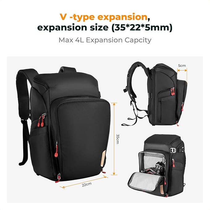 K&F CONCEPT Camera bag Backpack Waterproof 25L Large Capacity Camera Case with Raincover 15.6 Inch Laptop Compartment Compatible with Canon/Nikon/Sony/DJI Mavic Drone Travel Camera Backpack
