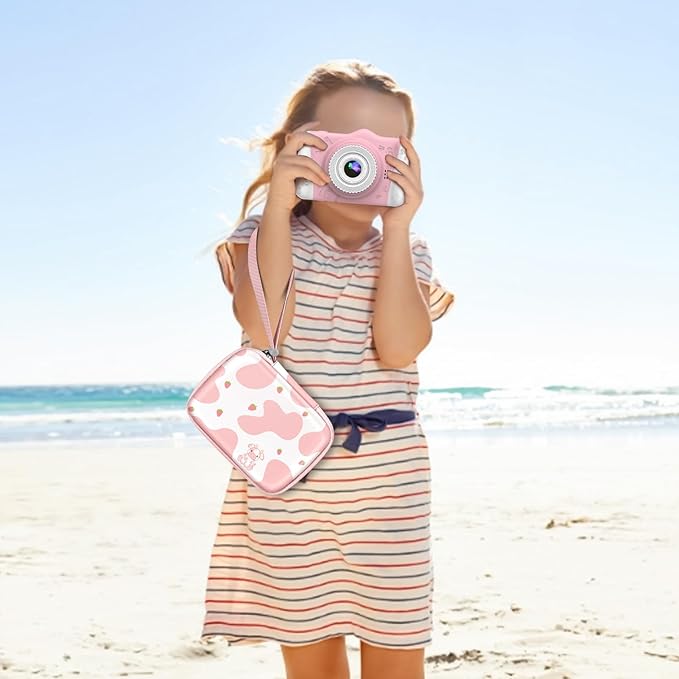 FINTIE Kids Camera Case Compatible with Goopow/Seckton/Dylanto/Mgaolo/Masterbee/CIMELR/Desuccus Kids Digital Camera Toys, Children Carrying Bag, Birthday Festival Gift, Strawberry Cow