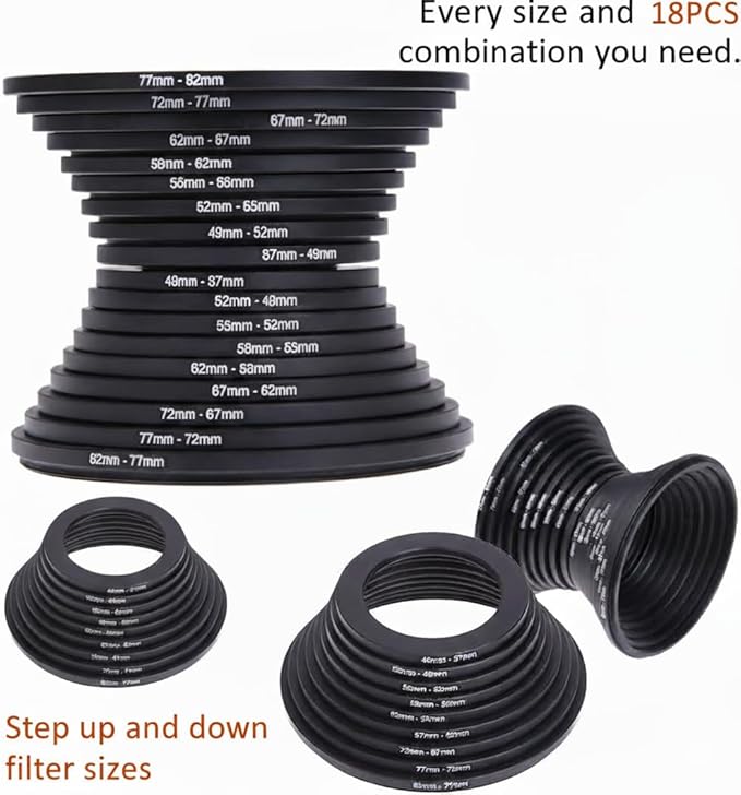 18Pcs 67-82mm Metal Step Up Down Filter Ring Adapter Set Compatible with Digital SLR Camera Lens Accessories