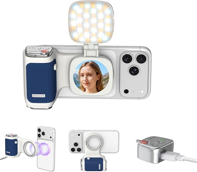 COMITOK iPhone Camera Grip MOCA with Magnet Fill Light & Mirror for 17 Pro iOS26 Native Camera, Fun Shot Magnetic Grip for Phone Compatible iOS17 and iOS18 with Anti-Drop Detachable Remote & Keychain