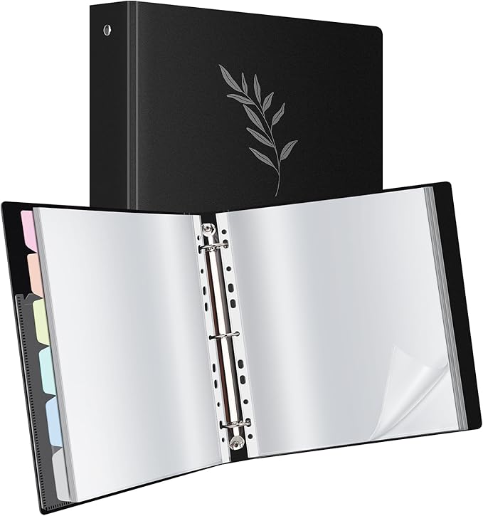 Uquelic 50-Pocket Binder with Plastic Sleeves for Letter/A4 Size(11" x 8.5"), Silver Leaf Printed Cover, Document Binder Organizer for Papers, Certificates and Artwork with Macaron PP Divider Pages