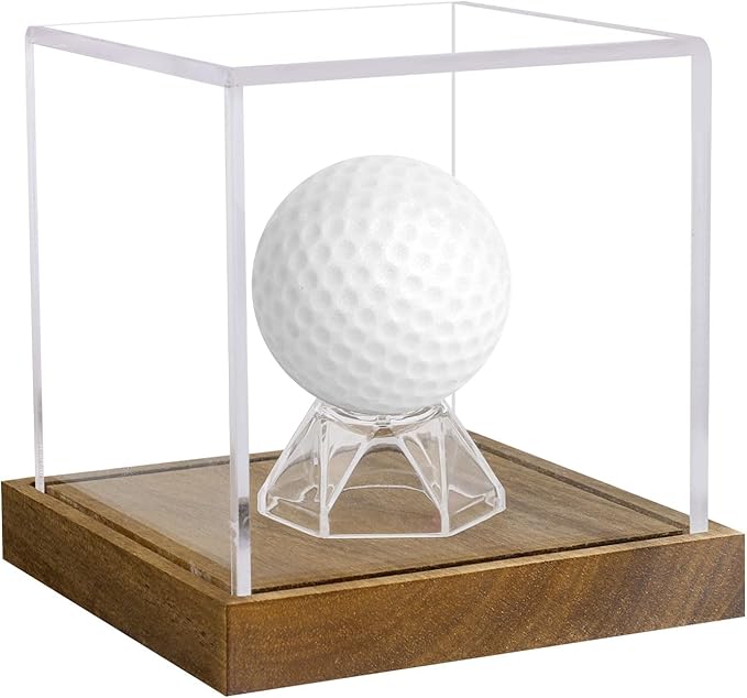 Clear Acrylic Golf Ball Display Case with Wood Base & Acrylic Holder, Memorabilia Stand Cube Holder, Dust Protection Transparent Storage Box for Single Ball Souvenir Golfball Collections