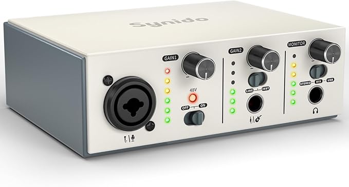 Synido USB C Audio Interface for Recording Music, Streaming, Podcasting with XLR, Line Input, 24bit/48kHz, 48V Phantom Power, 2-channel, Silver