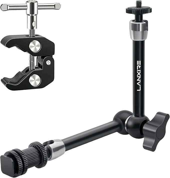 Super Clamp and 11 Inches Adjustable Friction Magic Arm with 1/4’’ Screw and Cold Shoe Adapter - Compatible with Flash, LED Light, Microphone, Monitor - Load Up to 4.4lb/2kg