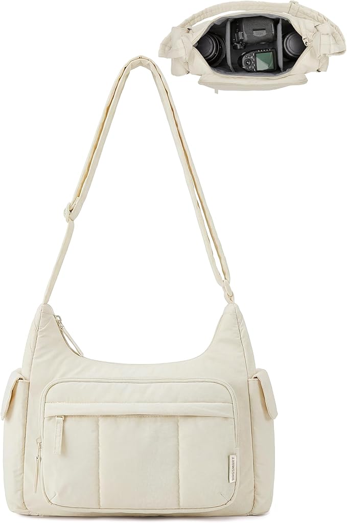 BAGSMART 2 in 1 Puffy Camera Sling Bag for Photographer, Everyday Shoulder Crossbody Bag with Pockets Digital Camera Case for DSLR/Mirrorless, Light Beige