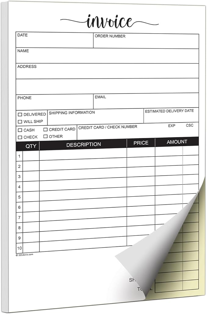 321Done Invoice Pad, 5.5x8.5 Small 2-Part Carbonless, Made in USA, Carbon Copy Sales Receipt Book Purchase Order Form for Small Boutique Craft Business (50 Sets) White/Yellow, Thick Paper