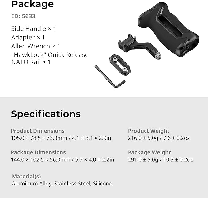 SMALLRIG NATO Side Handle with NATO Rail, H21 HawkLock Quick Release, for Left or Right Hand, 36mm/1.4in Up and Down Adjustable, Ergonomic Handgrip with Built-in Cold Shoe, 1/4"-20 Threaded Holes
