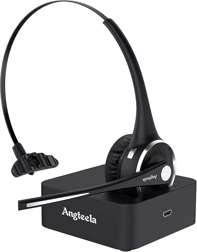 Trucker Bluetooth Headset with Microphone, Wireless Cell Phone Headset with Noise Canceling Mic Charging Base Mute Function for Home Office Call Center Skype (Black&Silver)