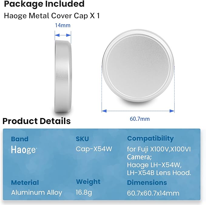 Haoge Cap-X54W Metal Lens Cap for Fujifilm X100VI Fuji X100V Camera Silver Compatible with Haoge LH-X54W Lens Hood