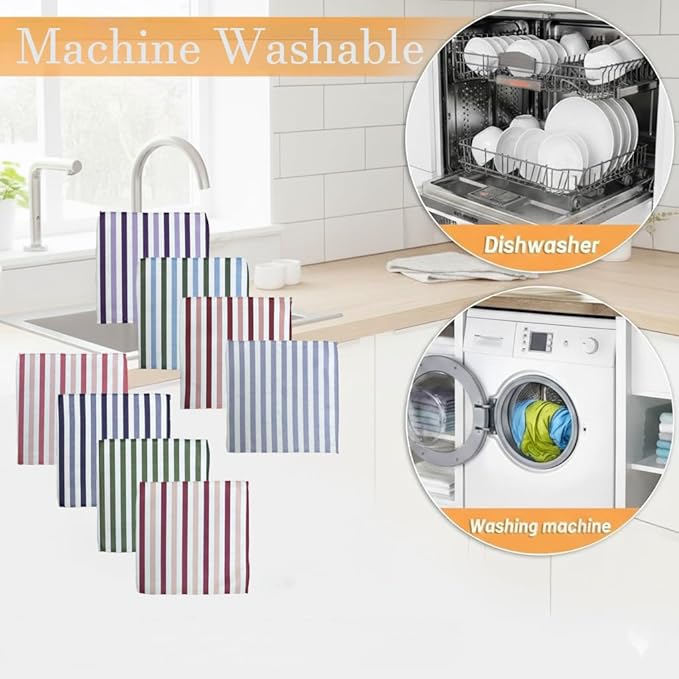 8-Pack Ultra-Fine Microfiber Kitchen Towels, 7-Inch Square with 8 Clips & Multiple Patterns – Soft, Absorbent, Reusable Cleaning Cloths (Stripes)