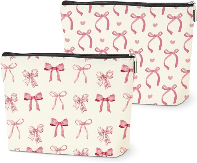 2PCS Pink Bow Makeup Bag, Coquette Preppy Bow Cosmetic Bags Gifts for Women Girls Pink Trendy Toiletry Bag Best Birthday Christmas Gifts for Girls Women Sister Travel Cosmetic Bag