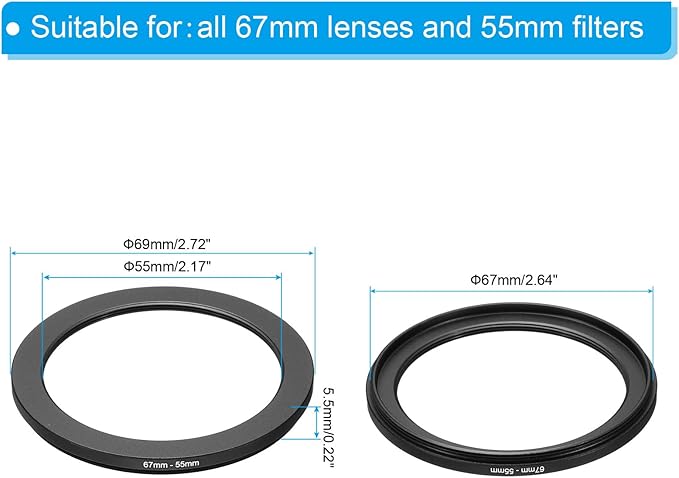 PATIKIL 67mm-55mm Metal Step Down Ring, Camera Lens Filter Adapter Ring Aluminum Filter Adapter Ring for Camera Lenses Hood, Black