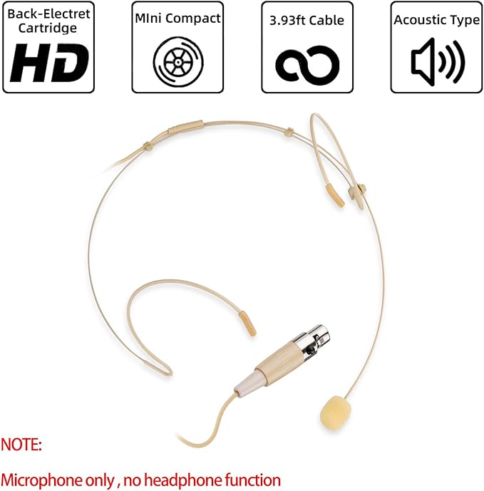 Microphone Headset Discreet Headworn Earset Over Ear Hanging Mic Compatible with Shure Wireless System Bodypack Transmitter, Ideal for Lectures, Live Performance, Theater, Podcasts – Beige