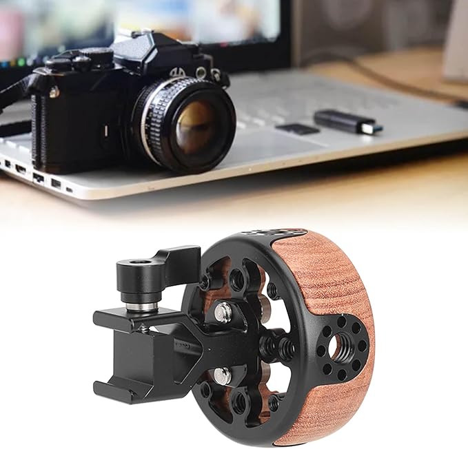 Round Side Camera Handle Handgrip, Wooden Quick Release Rail Rod Clamp, Ergonomic Hollowed Out Design, Aluminum Alloy with CNC Machining, for SLR Camera Mirrorless Camera Cage
