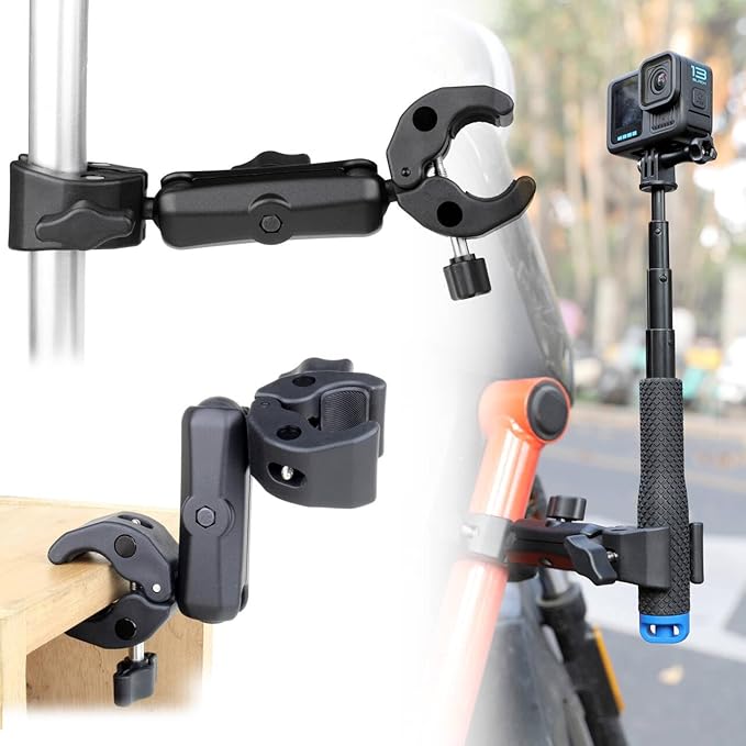 GEPULY Umbrella Clamp for Chair 5.5lb Load, 20-50mm Double Super Camera Mount, Aluminum Magic Arm Dual Ball Head Heavy Duty for Handlebar/Tripod/Stroller Wheelchair/Desk/Pole/Cross Bar/Motorcycle