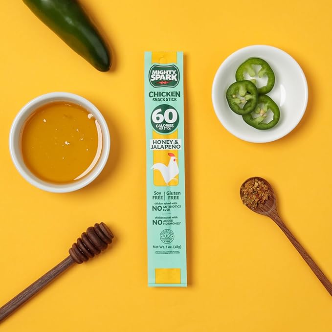 Mighty Spark Chicken Snack Sticks - Honey and Jalapeno - 6g of Protein, No Antibiotics Ever, No Hormones Added, Gluten Free, Soy Free Meat Sticks - High Protein Keto Snacks, Weight Watchers Approved Snacks - 12 Count