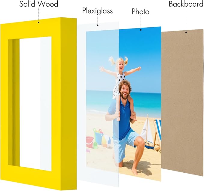 Vittanly 4x6 Picture Frame, Made of Solid Wood and Shatterproof Plexiglass, Wooden Photo Frame for Wall Mounting or Tabletop Display, Picture Frame for Home Decor with Stand, Yellow, 1 Pack