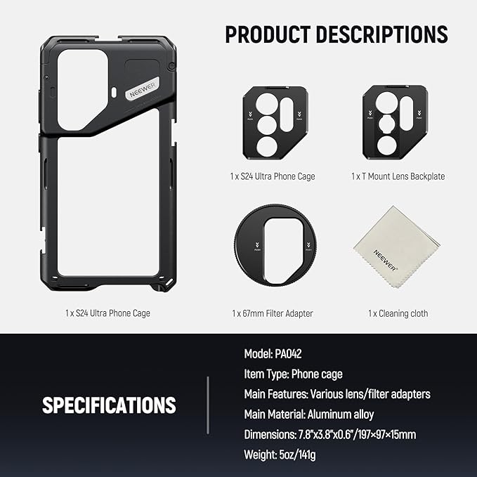 Neewer S24 Ultra Phone Cage with 67mm Filter Adapter, 17mm Lens Backplate, T Mount Lens Adapter, Cleaning Cloth, Smartphone Video Rig Stabilizer Compatible with Samsung Moment T Series Lenses, PA042