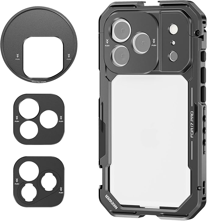 NEEWER 17 Pro Cage, Quick Release Video Rig Phone Stabilizer Compatible with iPhone 17 Pro with 67mm Filter Ring, 17mm Lens Backplate, T Mount Adapter Compatible with Moment, Black, PA143