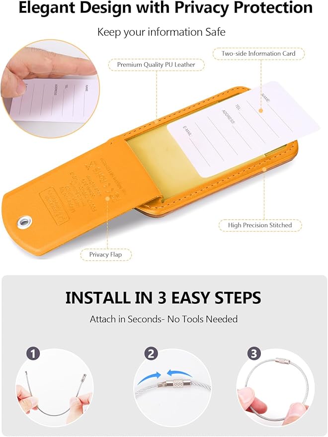 Luggage Tags Built-in Anti-Loss Tracker, Luxury Leather Luggage Tags for Suitcase, Travel Bags, Backpacks, Travel Organizer for Lost Baggage Prevention (S-Orange)