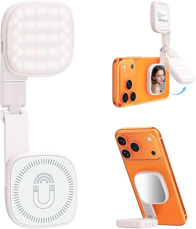 Magnetic Selfie Light for Video Calls, 360° Foldable Ring Light with 3 Colors & Dimmable Brightness, 1000mAh, MagSafe Compatible with iPhone 17-12 & All Phones for Zoom/TikTok/Selfie（White）