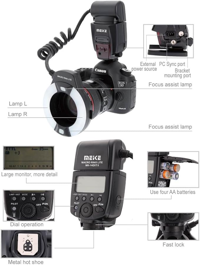 Meike MK-14EXT LED E-TTL Macro Ring Flash For Canon 5D II III 6D 7D 60D 70D 700D SLR Camera with 7 Adapter Ring