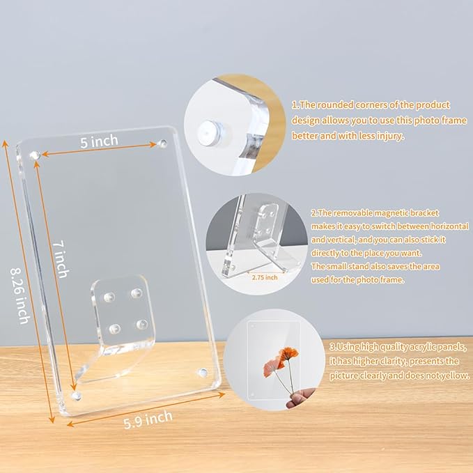 LIANHELILAI 5x7 Picture Frame Clear Acrylic Magnetic Tabletop Photo Frame Frameless with Removable Magnetic Stand for Home/Office Desk/Table Picture/Note Display, 2 Pack (Clear, 5 * 7 in)