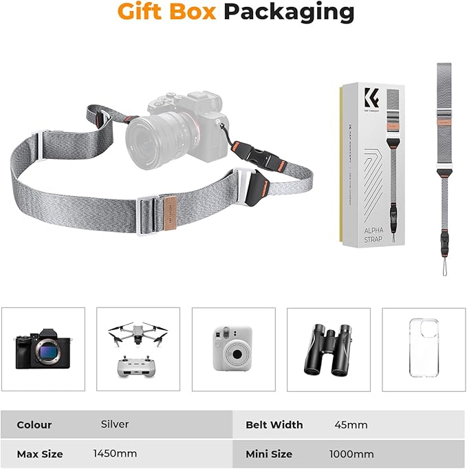 K&F CONCEPT 45mm Camera Neck Strap for Photographers Camera Strap Quick Release Clip Adjustable Sling Strap Compatible with Nikon Canon Sony Olympus DSLR Camera Silver