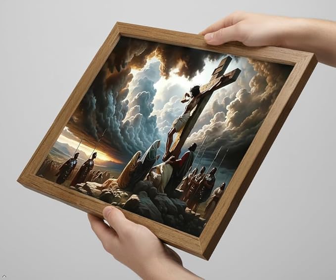 Jesus Crucifixion Wall Art 8x10 Inch Framed Christian Canvas Print, Religious Cross Picture Decor for Prayer Room Church Living Room Bedroom, Ready to Hang or Stand with Easel Back