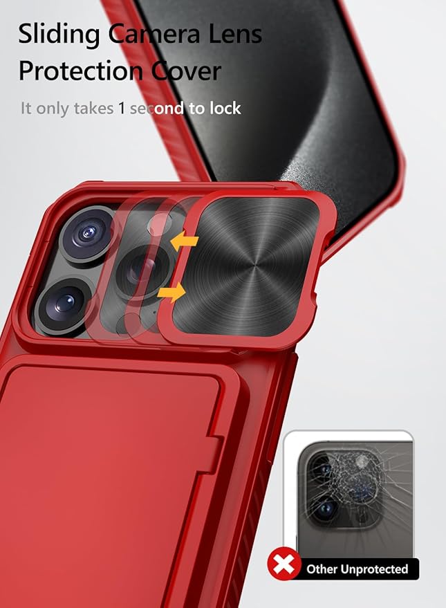 Vihibii for iPhone 15 Pro Wallet Case with Card Holder (4 Cards) & Slide Camera Cover & Kickstand & Raised Edges Protective Screen, Shockproof Rugged Phone Case for iPhone 15 Pro 5G 6.1" 2023, Red