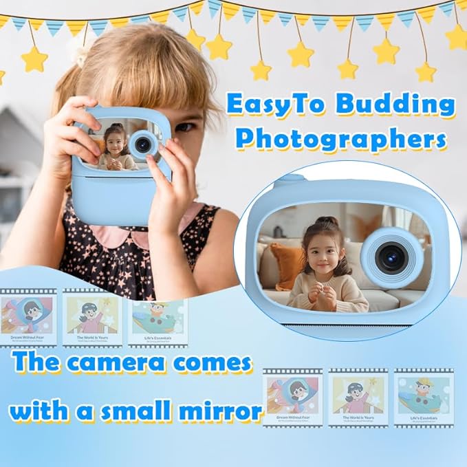 Kids Camera Instant Print for Kids, Kid Camera Instant with Mirror, HD Dual-Lens Selfie Digital Camera with 3 Rolls Print Paper & 32GB Card, Holiday Birthday Gifts Toys for Girls Boys Toddler.（Blue