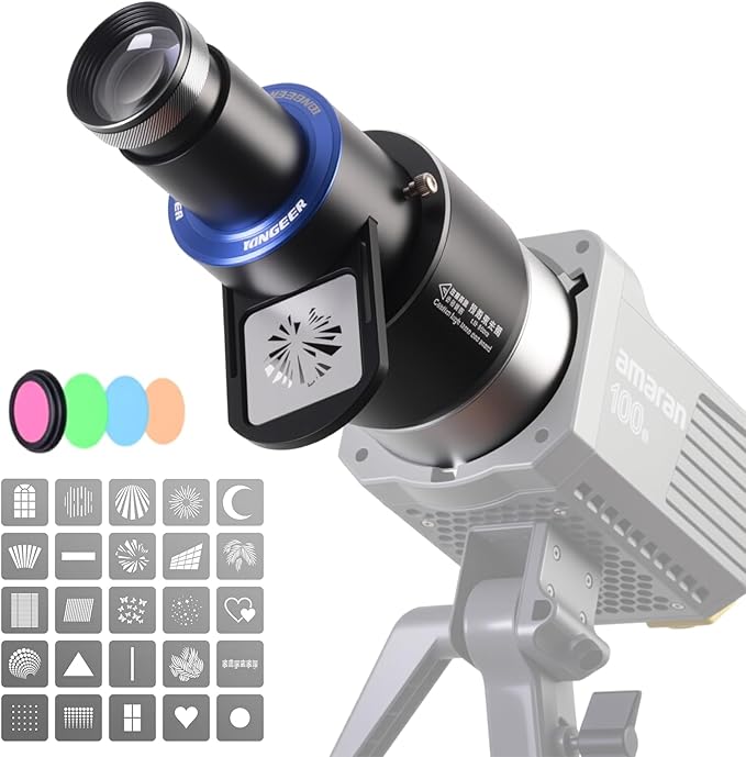 Bowens Mount Projector Attachment,Spotlight Optical Snoot Photography kit for COB Monolight Portraits/Product,Compatible with Aputure Amaran100X/D 200D/X,Godox SL60/SmallRig,4 Color Filters,25 Gobos
